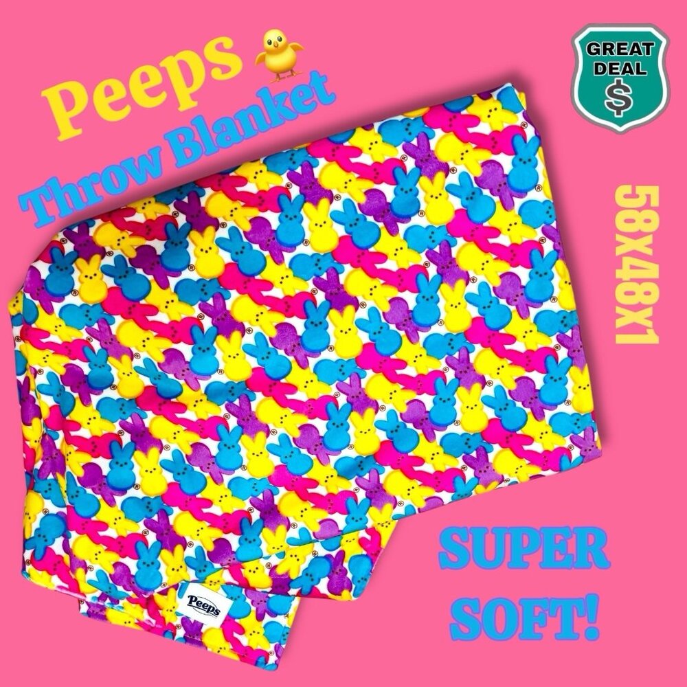Peeps Easter Bunny Colorful Throw Blanket 58x48". Super Soft! Holiday Decor.